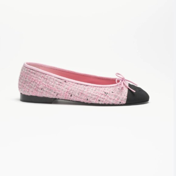 Authentic Chanel Classic Pink Black Tweed Ballet Ballerina Flats 38